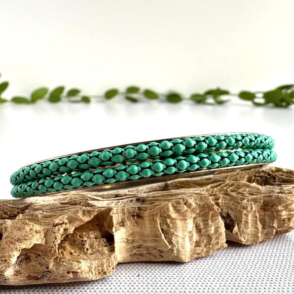 Vintage Brass Bangle with Green Metal Studs - Picture 1 of 8